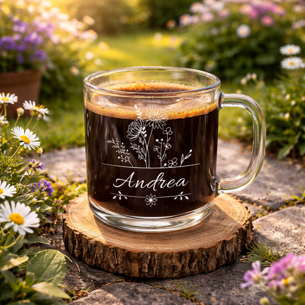 Personalized Birth Flower Mug, Custom Glass Coffee Cup with Name, Birth Month Flower Gift, Birthday Present, Mother Gift,Bridesmaid Proposal
