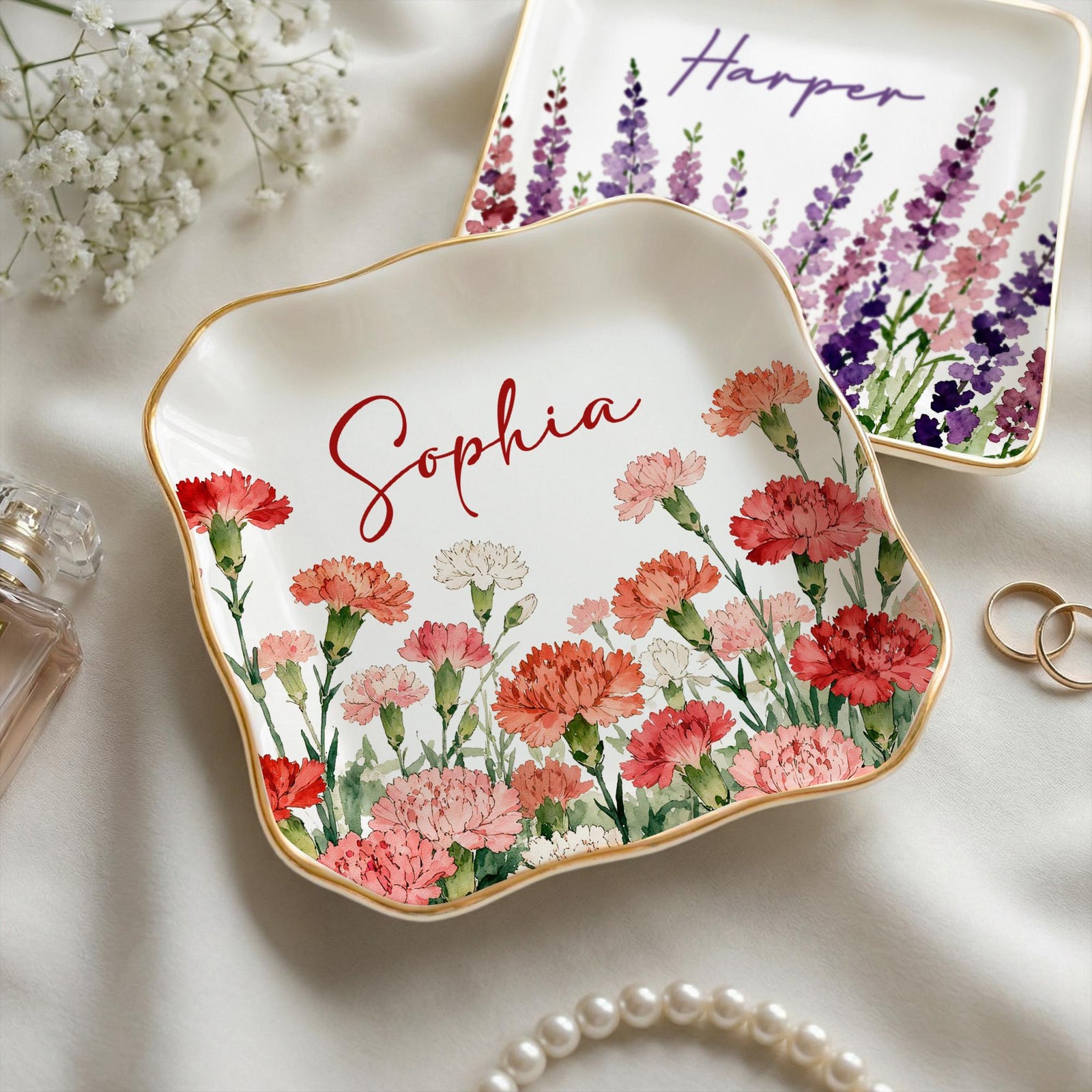 Personalized Birth Flower Trinket Dish, Custom Watercolor Flower Ring Dish, Mother's Day Gift, Wedding Bridesmaid Gift, Birthday Jewelry Dish