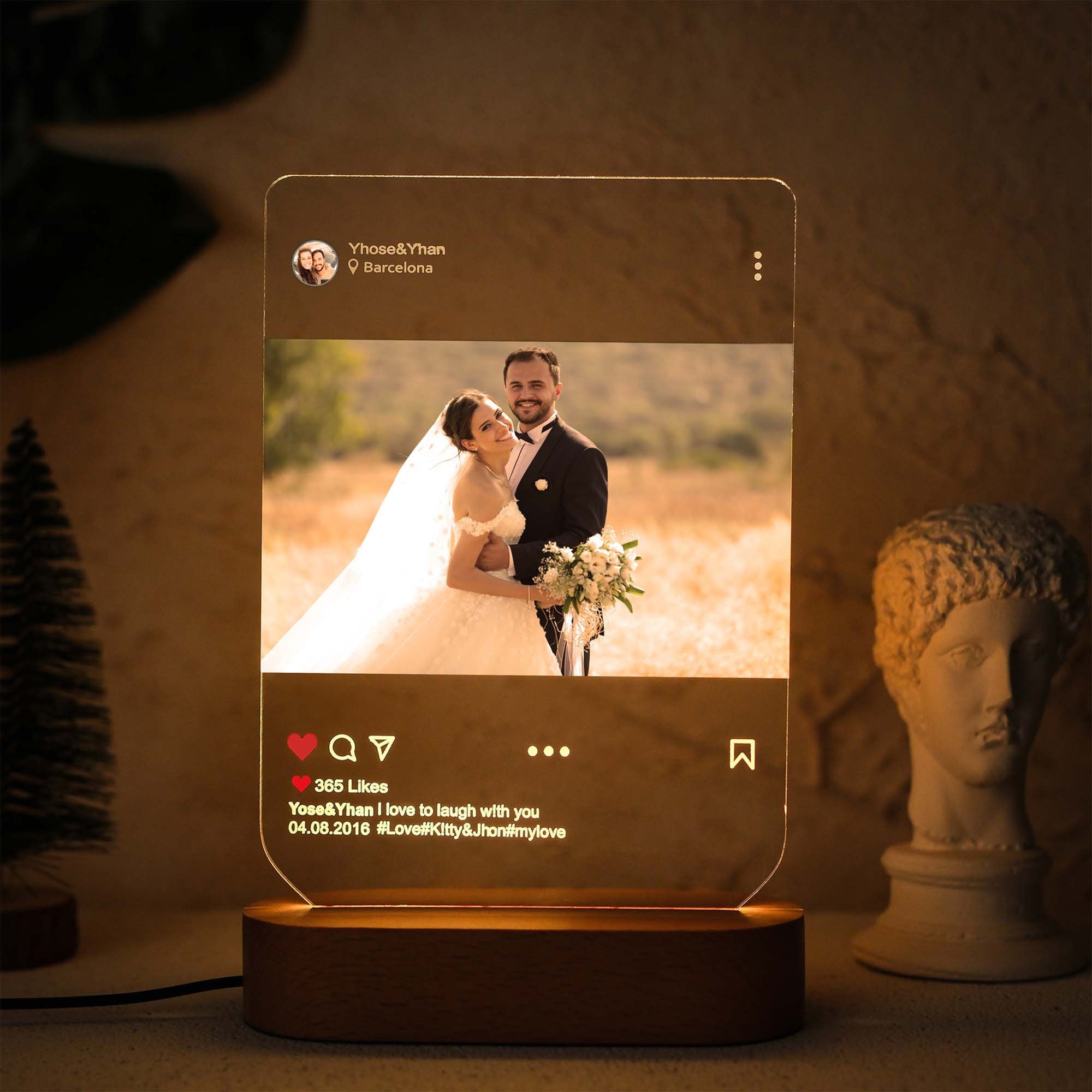 Custom Wedding Photo - Personalized 3D LED Light Wooden Base - Gifts For Couple