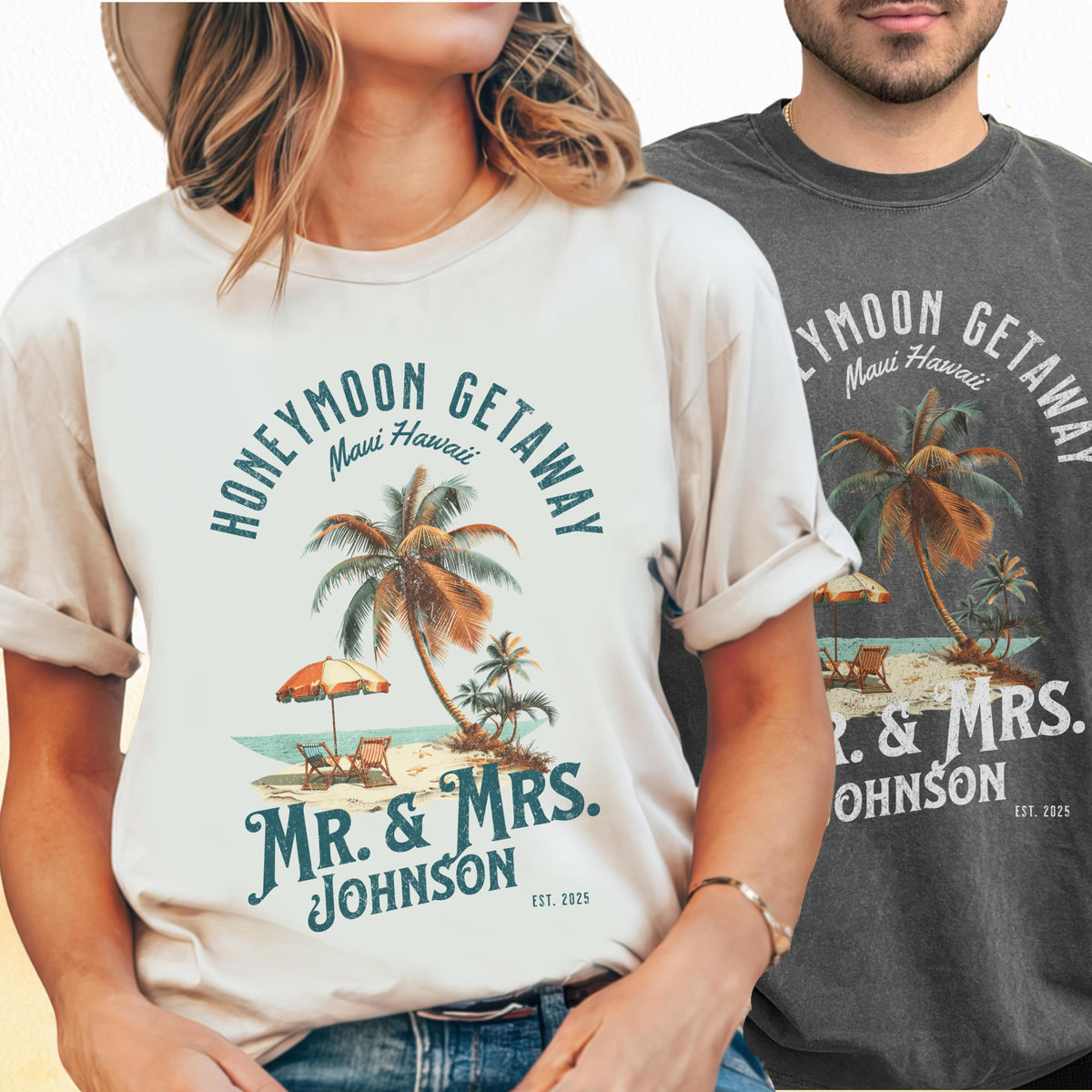 Funny Custom Honeymoon Mr. & Mrs. Shirts - Personalized Beach Honeymoon Tees - Maui Hawaii or Your Dream Destination