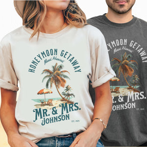 Funny Custom Honeymoon Mr. & Mrs. Shirts - Personalized Beach Honeymoon Tees - Maui Hawaii or Your Dream Destination