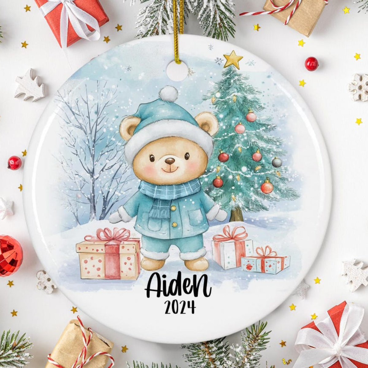 Personalized Blue Teddy Bear Ornament, Custom Kids Christmas Ornaments, Children's Gift Ornament Any Name , 2025 Boys Christmas Ornament