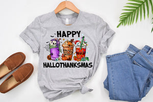 Happy Hallothanksmas Shirt, Halloween Christmas Thanksgiving Shirt, Funny Holiday Iced Coffee Shirt, Gift For Her, Coffee Lovers Gift, 1.jpg