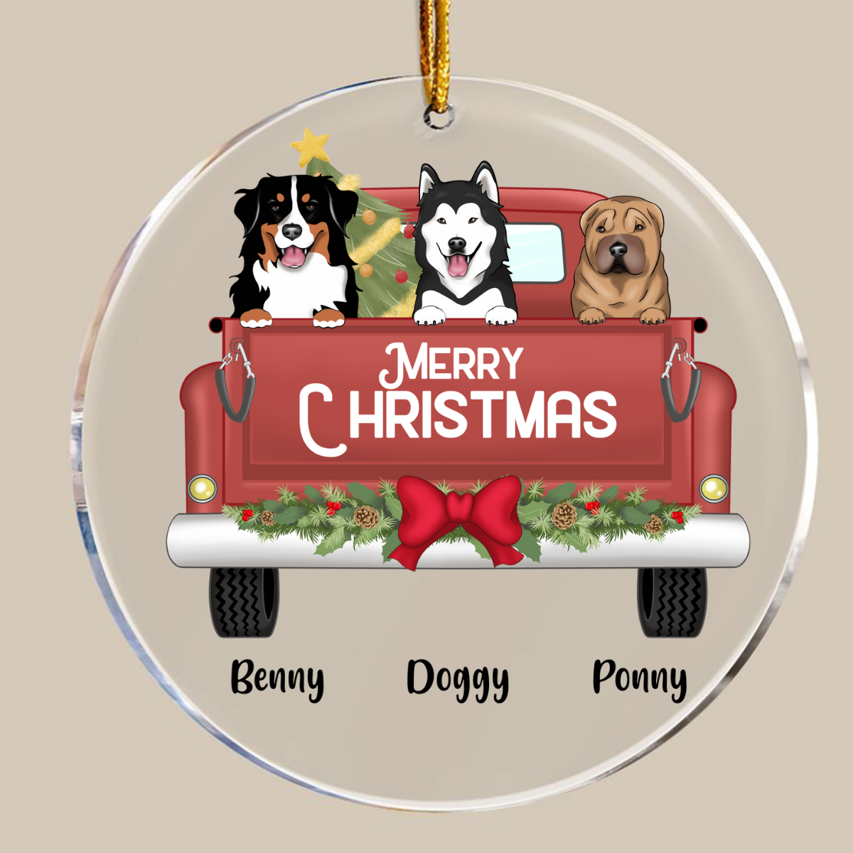 Merry Christmas Custom Dog Breed Christmas Truck Personalized Transparent Christmas Ornament on Acrylic | Gift for Pet or Pet Lover | Custom Dog Ornament or Cat Ornament