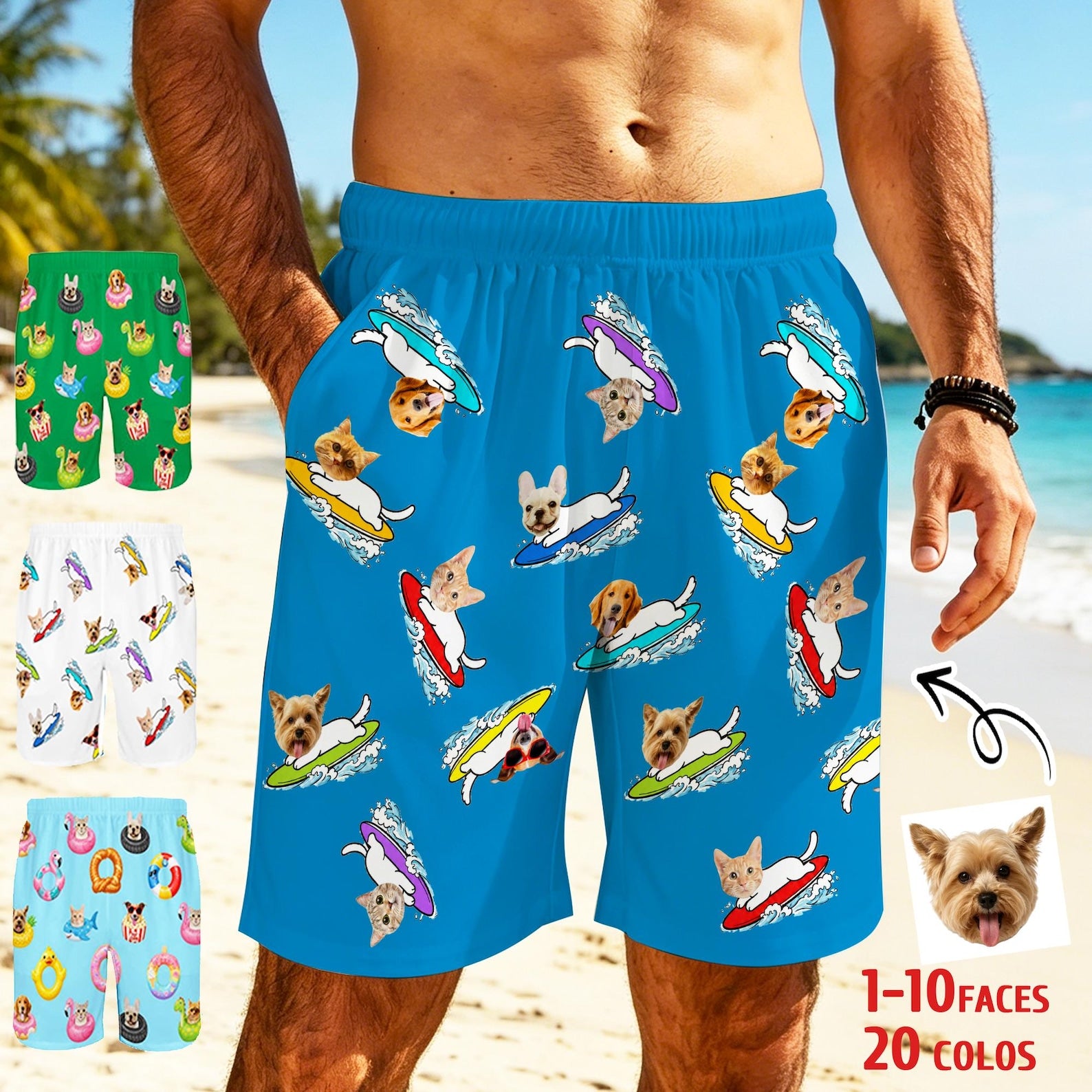 Custom Pet Face Beach Shorts, Personalized Surfing Swim Trunks, Summer Vacation Pet Party swimwear