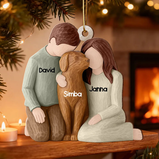 Couple and the Dogs 3D Effect - Personalized Wooden Ornament - Christmas Gift for Couple Dog Owners