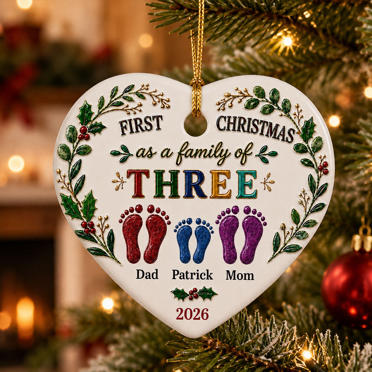 Our First Christmas 2026 - Personalized 3D Effect Heart Ceramic Ornament