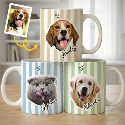 Personalized Pet Photo Mug Custom Dog & Cat Coffee Mug with Pet Portrait and Name, Cute Striped Ceramic Mug Gift for Pet Lovers
