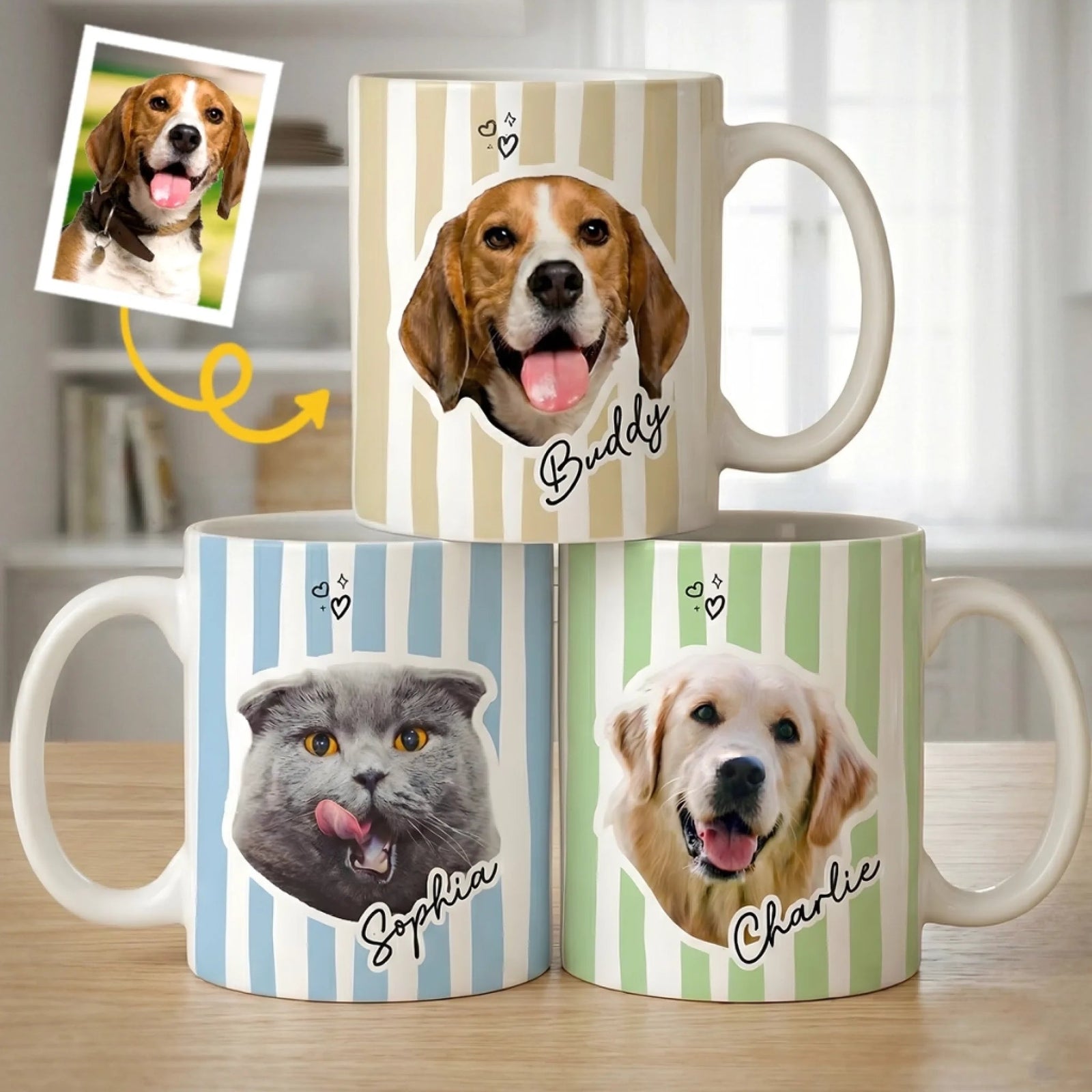 Personalized Pet Photo Mug Custom Dog & Cat Coffee Mug with Pet Portrait and Name, Cute Striped Ceramic Mug Gift for Pet Lovers