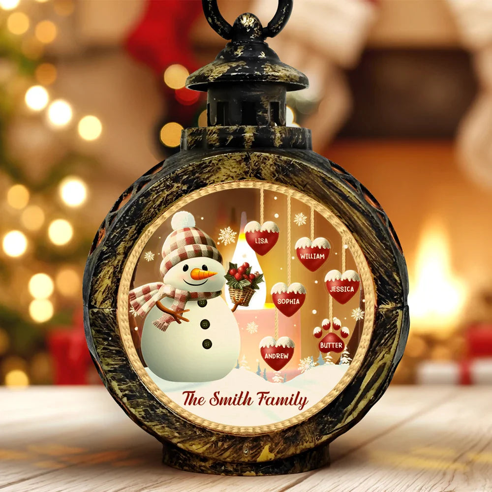 Snowman With Hearts - Personalized Lantern LED Flameless Candle - Christmas Gift For Family