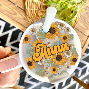 Personalized Sunflower Tumbler Name Tag, 30oz 40oz Tumbler Name Plate Topper, Custom Name Sunflower Tag, Accessories Gifts