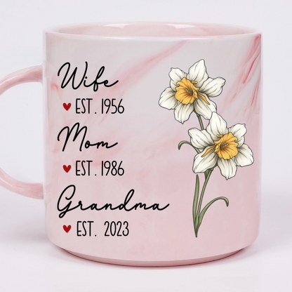 Wife Mom Grandma Birth Month Flower - Personalized Marble Mug - Gift For Grandma, Mother's Day, Birthday Gift