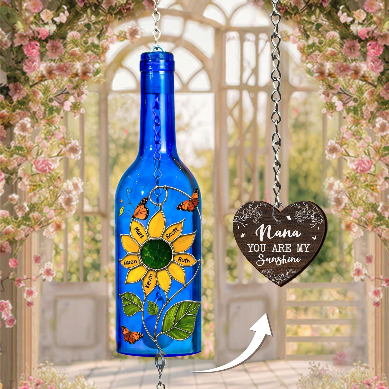Nana You Are My Sunshine Kids Grandkids Names - Personalized Wine Bottle Wind Chime - Gift For Mom Grandma