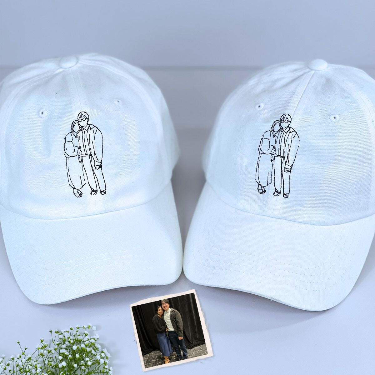 Embroidered Photo Couple Portrait - Personalized Embroidered Cap - Gift For Couple, Valentine's Day Gift