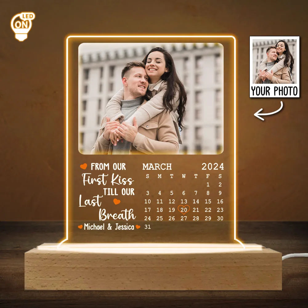 From Our First Kiss Calendar - Personalized 3D LED Light Wooden Base - Anniversary Gift, Valentine's Day Gift For Couple