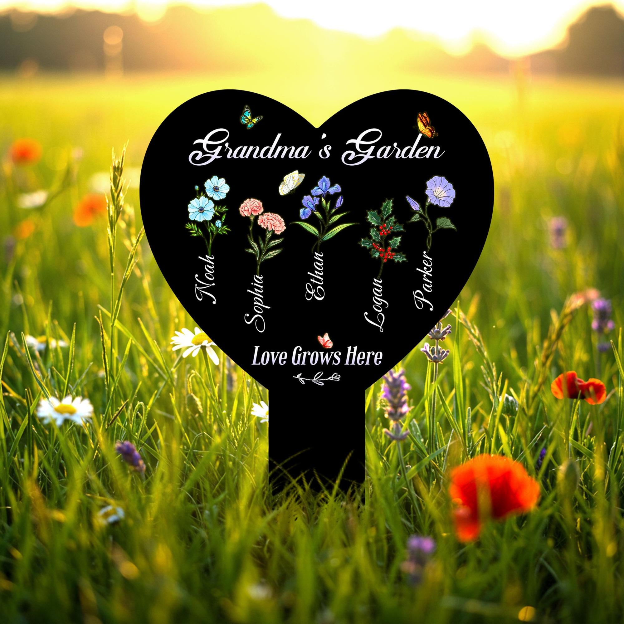 Personalized Birth Flower Metal Garden Stake, Mother's Day Gifts for Grandma, Grandkids Names, Nana's Blessings, Garden Marker Botanical Art