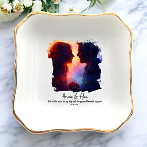 Personalized Proposal Photo Jewelry Dish - Custom Abstract Silhouette Illustrated Engagement Keepsake Ring Tray with Names & Engaged Date