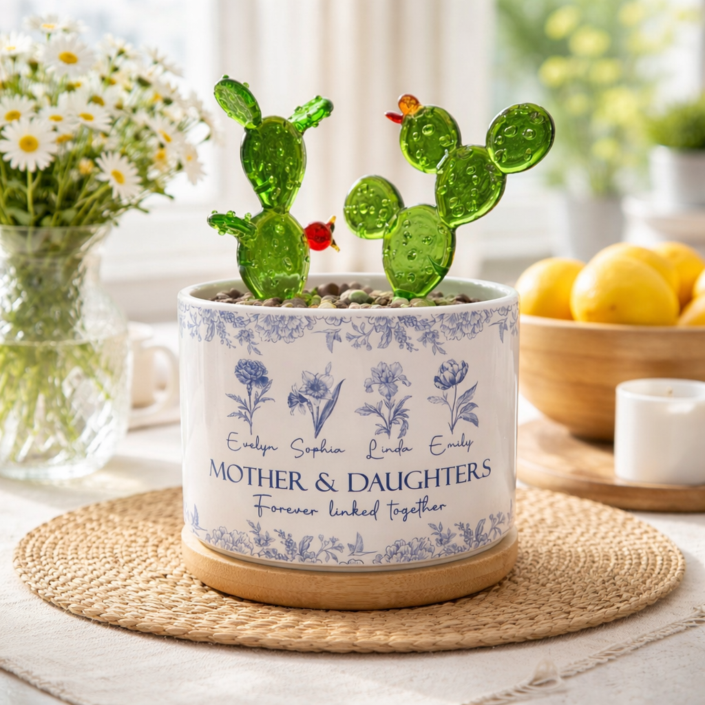 Mother & Daughters Forever Linked Together - Personalized Mini Glass Flower Plant Pot - Gift For Mom Grandma, Mother's Day Gift