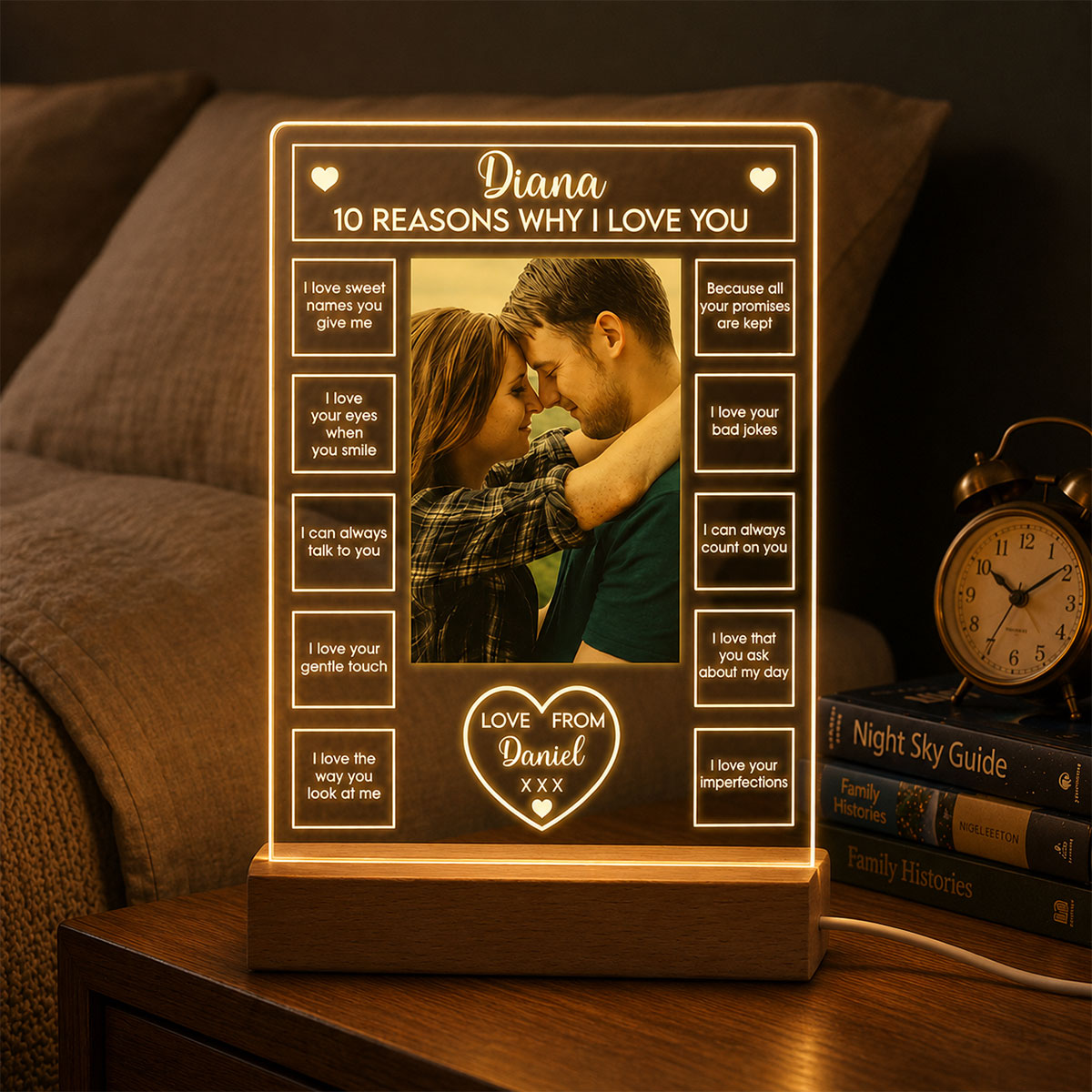 10 Reasons Why I Love You - Personalized 3D LED Light With Wooden Base - Sweet Gift For Couples
