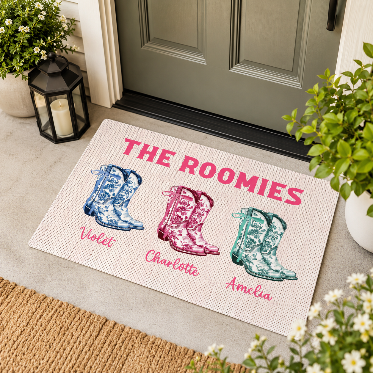 Custom Name Western Boots Dorm Doormat, Roommate Door Sign, Roomie Sign, Coquette Cowgirl Dorm Decor, College Apartment Dorm Room Decor,