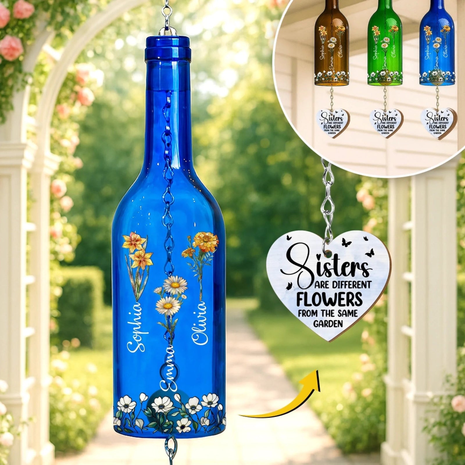 Sisters Birth Month Flowers Bloom Together In Love - Personalized Wine Bottle Wind Chime - Gift For Sisters, Besties, Birthday Gift