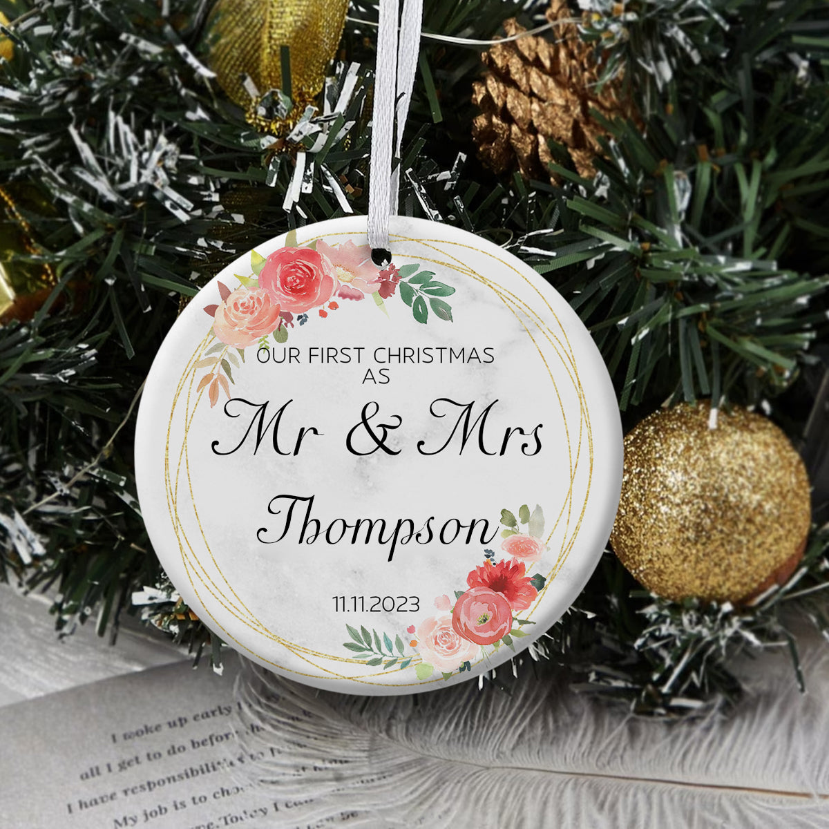 Our 1st Christmas As Mr. & Mrs. Golden Wreath Pink Roses - Personalized Ornament - Christmas Gift