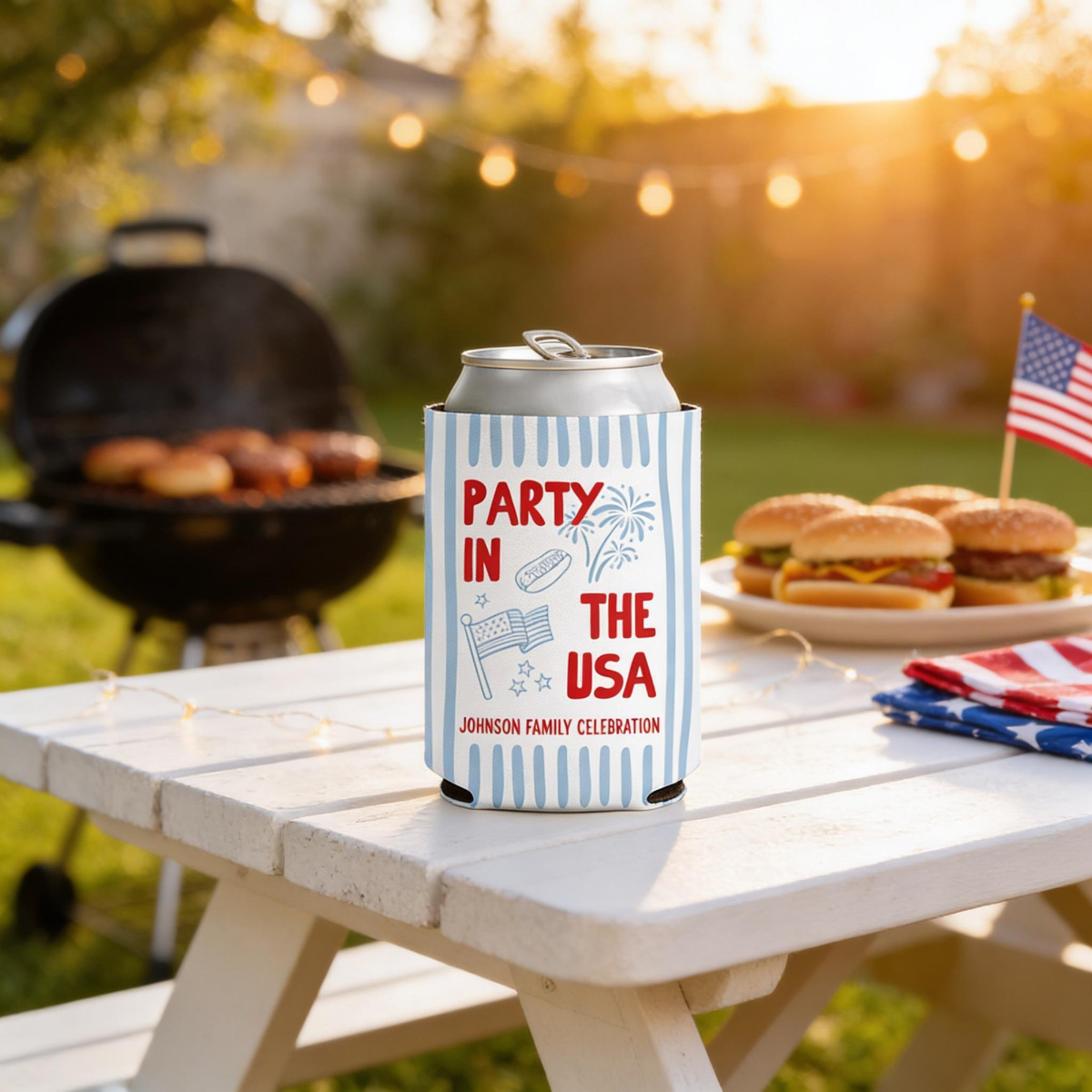 Custom Party in the USA Can Cozie, Personalized 4th of July Family BBQ Party Favor, Patriotic USA 250 Drink Sleeve