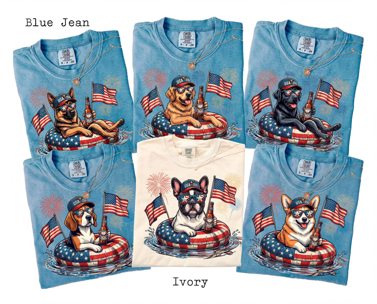 Patriotic Dogs Comfort Colors 4th of July Dog T-Shirts, 124+ Dog Breeds, Custom Available, USA Flag, Fireworks, USA 250 Shirt
