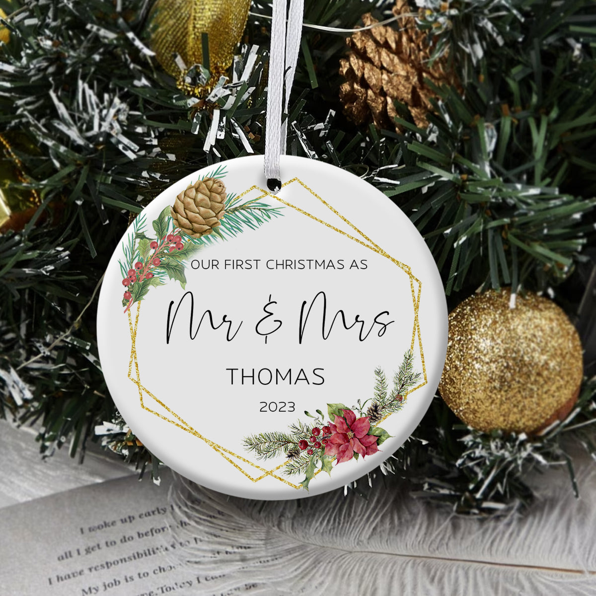 Poinsettia Christmas Flower Married - Personalized Ornament - Christmas Gift