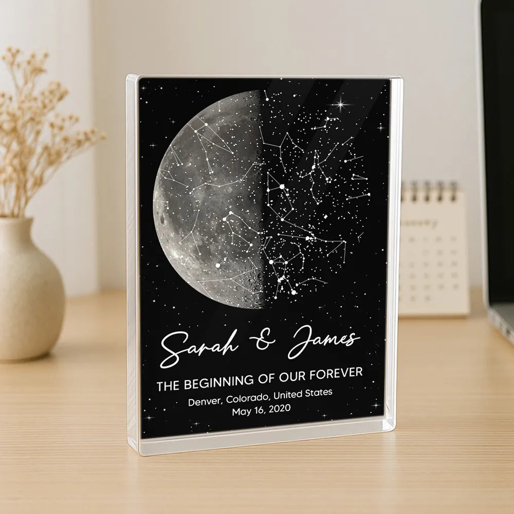 The Beginning Of Our Forever Moon Phase With Star Map - Personalized Acrylic Block - Anniversary Gift, Valentine's Day Gift For Couple