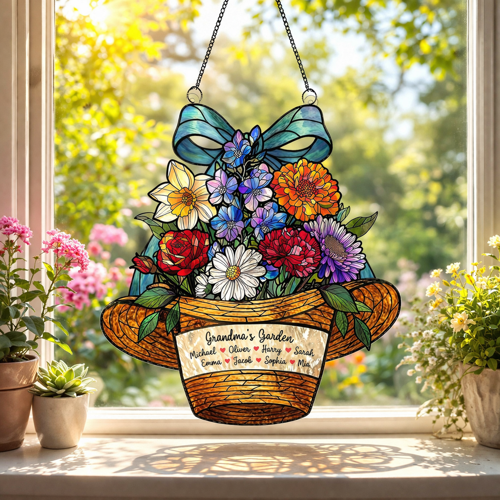 Grandma's Vintage Cowboy Hat Birth Flower Suncatcher, Grandma's Garden, Mom Gift, Birth Month Flower Stained Glass Acrylic Window Hanging, Mothers Day Gift