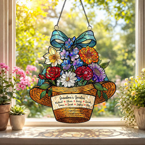 Grandma's Vintage Cowboy Hat Birth Flower Suncatcher, Grandma's Garden, Mom Gift, Birth Month Flower Stained Glass Acrylic Window Hanging, Mothers Day Gift