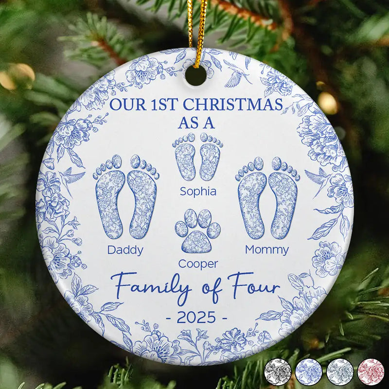 First Christmas As A Family Of Four Toile Footprints - Personalized Ornament - Gift For Family