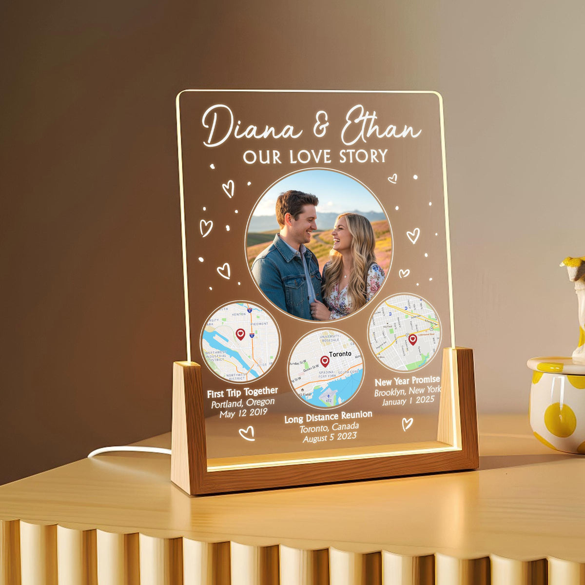 Personalized Love Story Map LED Lamp Our Love Story, Custom Valentine's Gift for Couples