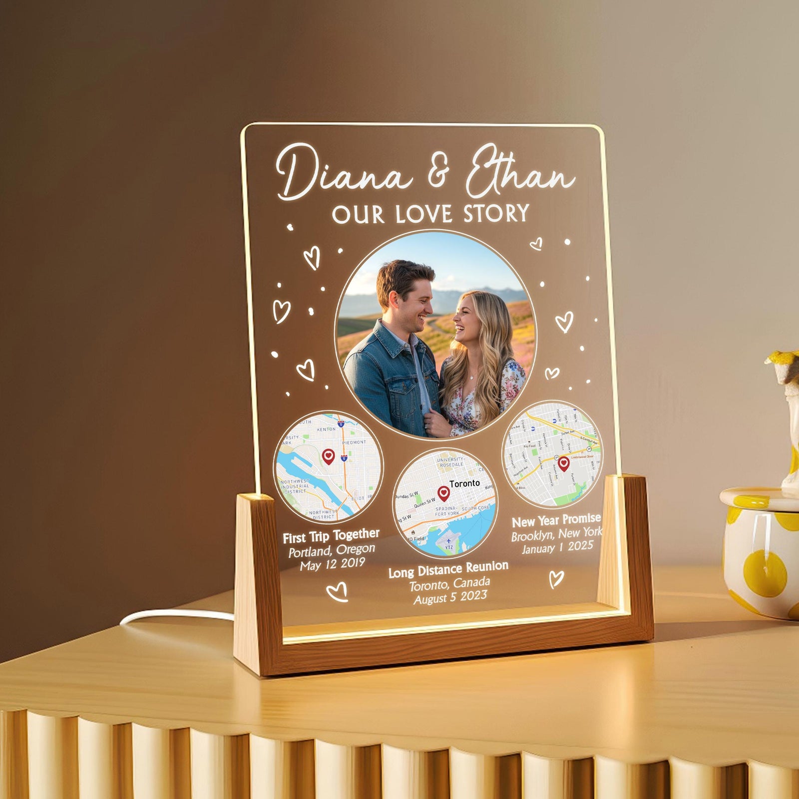 Personalized Love Story Map LED Lamp Our Love Story, Custom Valentine's Gift for Couples