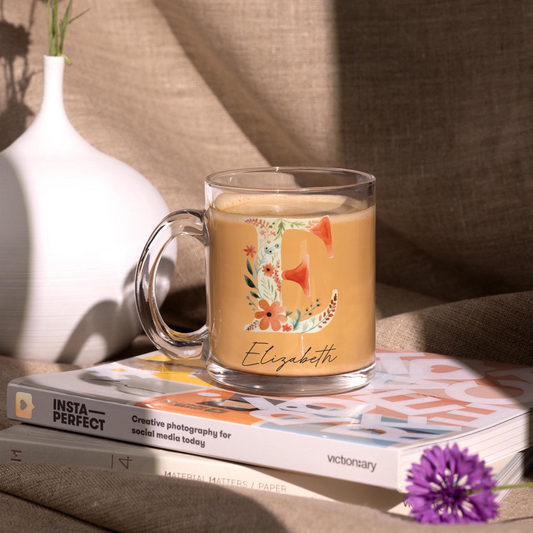 Personalized Floral Monogram Clear Glass Mug Custom Name Coffee Cup Elegant Bridesmaid Gift Wildflower Tea Cup Wedding Favor Gift for Her