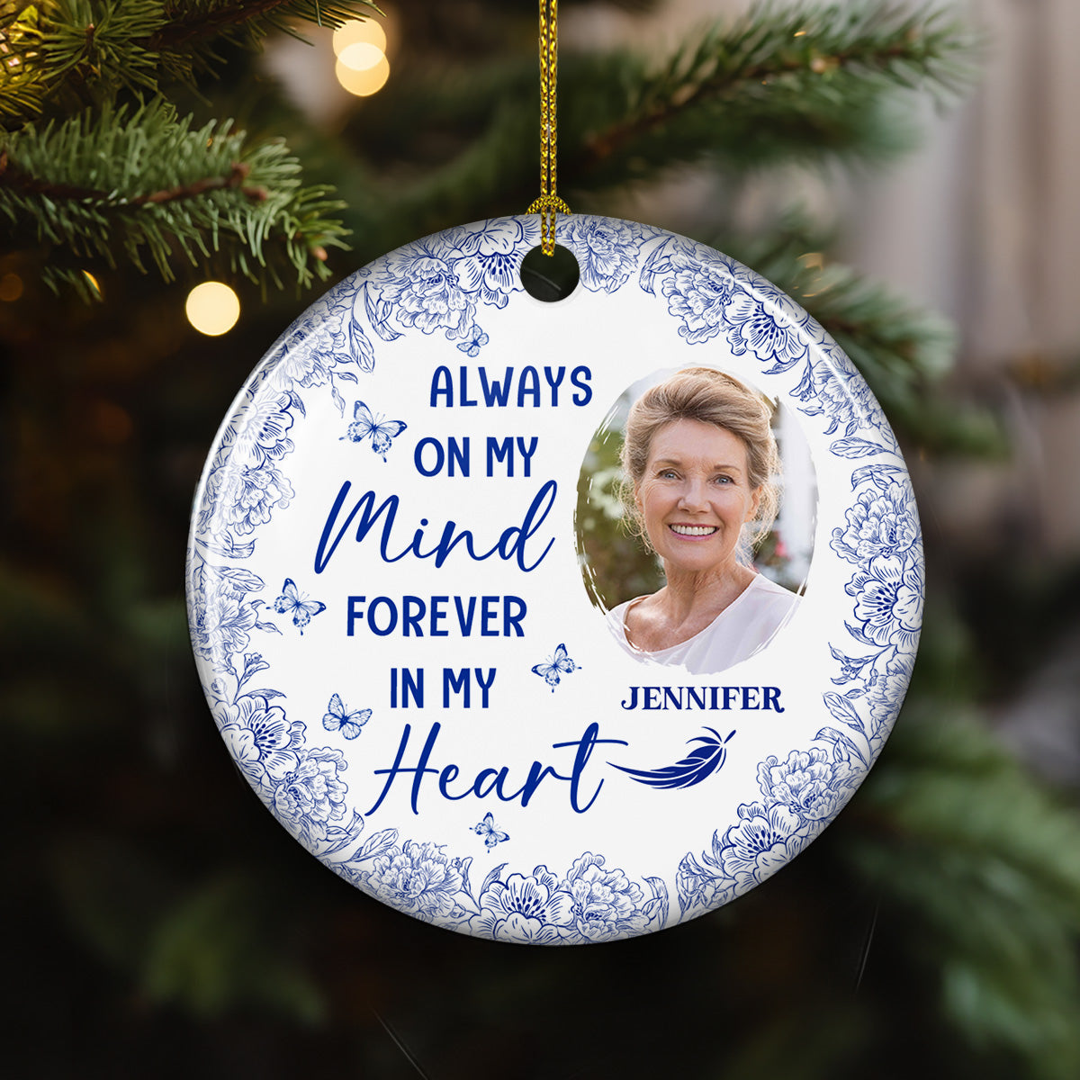 Always On My Mind Blue Toile - Personalized Ornament - Memorial Gift