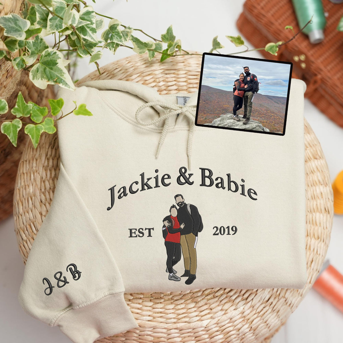 Matching Couple Apparel With Photo Portrait Embroidery - Personalized Embroidered Apparel - Valentine's Day Couple Embroidery Gift