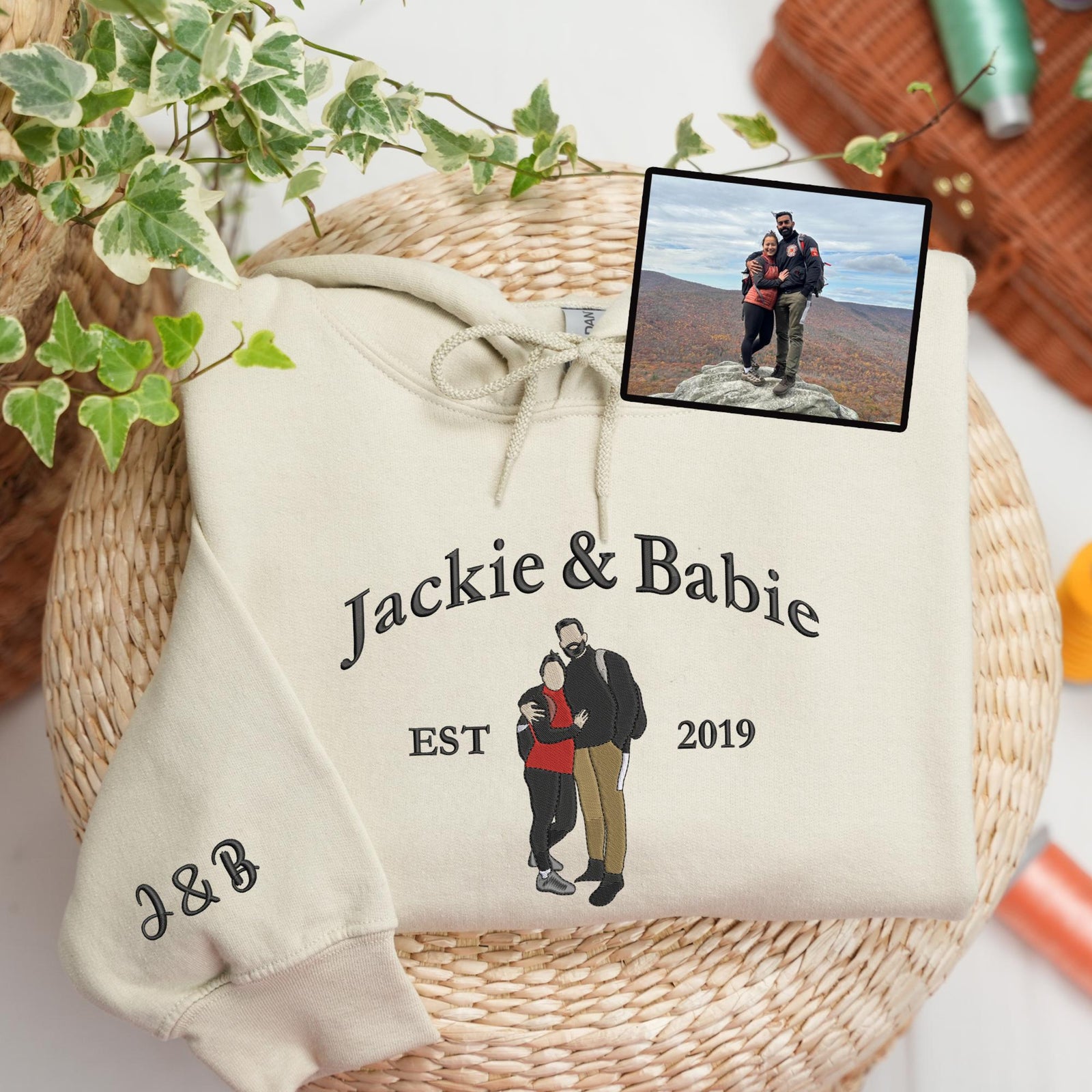 Matching Couple Apparel With Photo Portrait Embroidery - Personalized Embroidered Apparel - Valentine's Day Couple Embroidery Gift