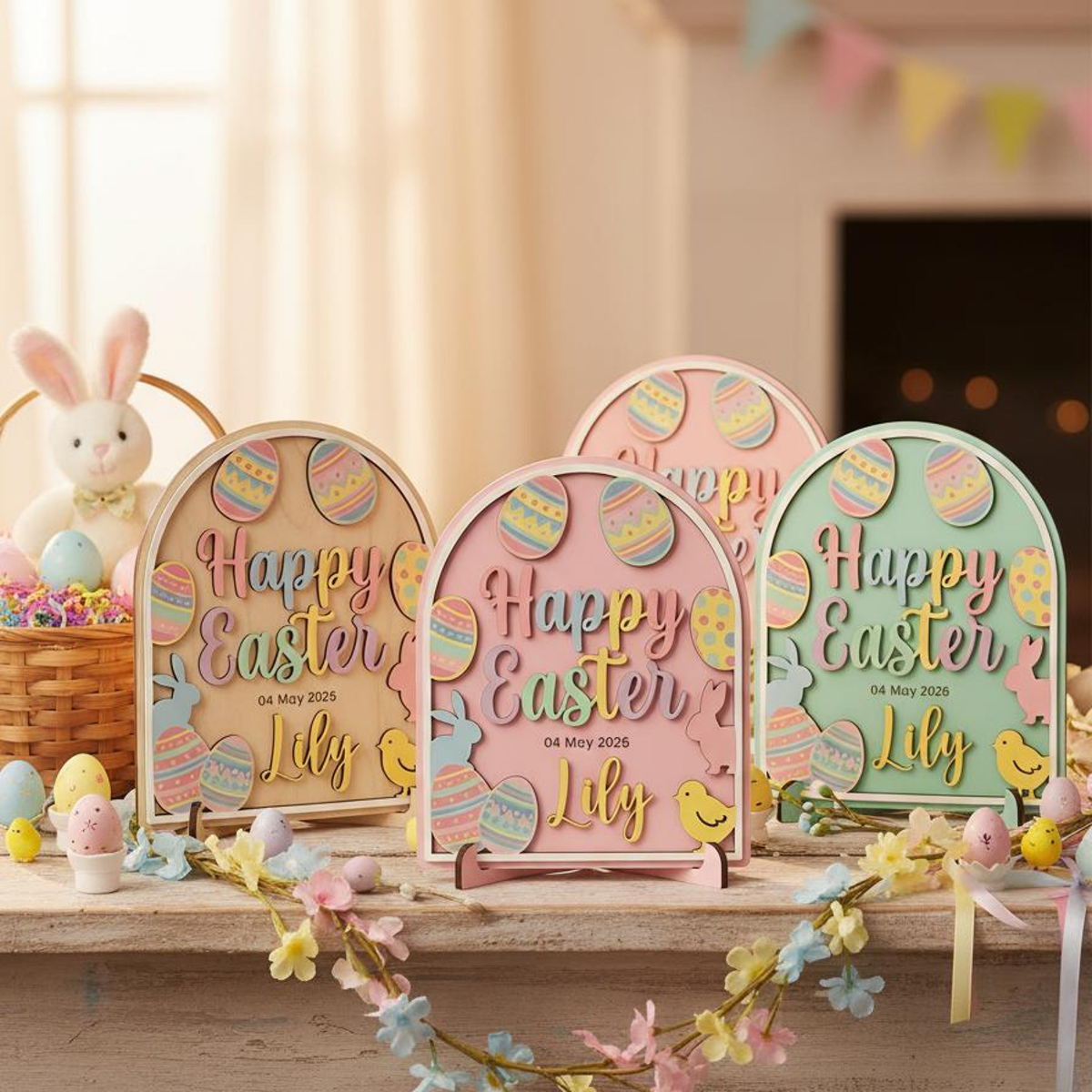 Happy Baby's First Easter Wood Sign, Custom Name & Color Easter Decor, Wooden Plaque with Stand, Kids Keepsake Gift, Easter's Day Baby