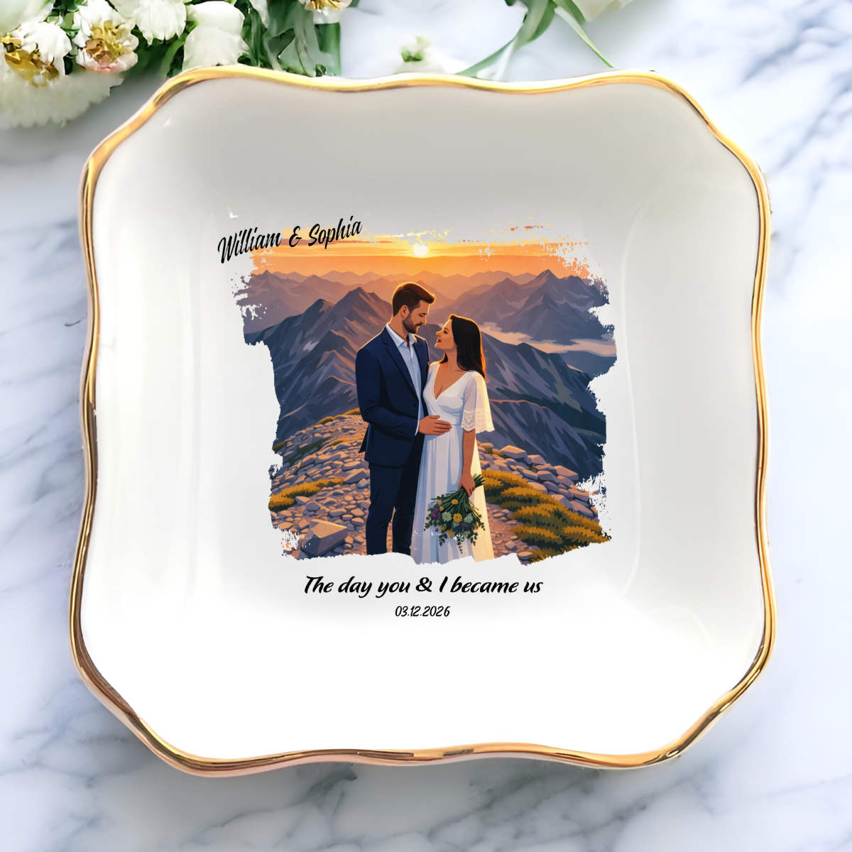 Personalized Proposal Photo Jewelry Dish - Custom Vector Illustrated Engagement Keepsake Ring Tray with Names & Engaged Date