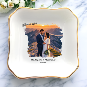 Personalized Proposal Photo Jewelry Dish - Custom Vector Illustrated Engagement Keepsake Ring Tray with Names & Engaged Date