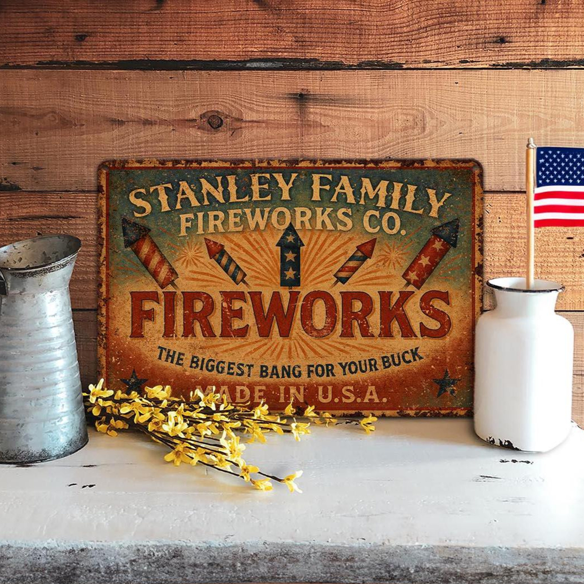 Personalized Primitive July 4th Decor - Personalized Metal Sign - Vintage Antique Style Patriotic - Outdoor - Custom Fireworks