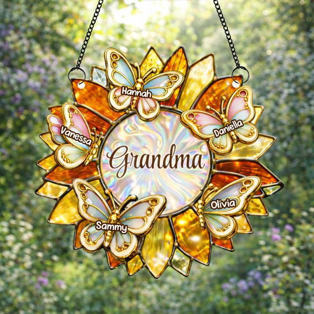 Grandma Mom Sunflower With Butterflies - Personalized Suncatcher - Mother's Day Gift For Mom, Grandma
