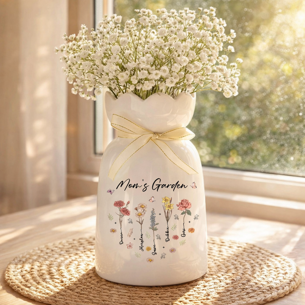 Personalized Birth Month Flower Vase, Gift for Planter Lovers, Outdoor Flower Pot, Birth Flower Mom Gifts, Mother's Day Gift, Family Name