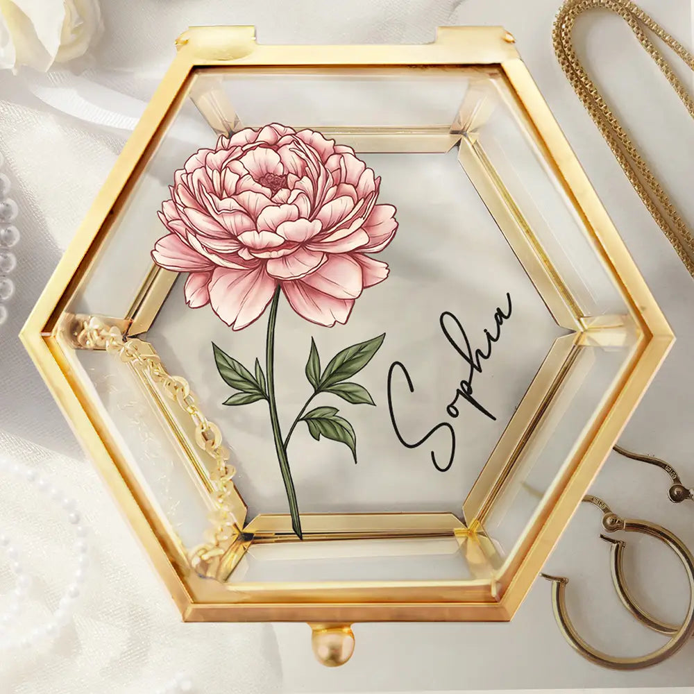 Flower Blooms Custom Your Birth Month Flower - Personalized Hexagonal Glass Ring Box - Gift For Mother, Sister, Bestie, Friend, Girlfriend