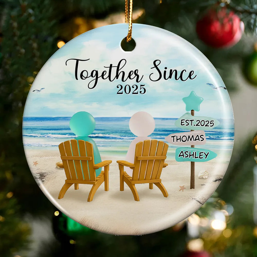 3D Effect Sea Glass Couple Romantic Beach Landscape - Personalized Ornament - Christmas Gift For Couple