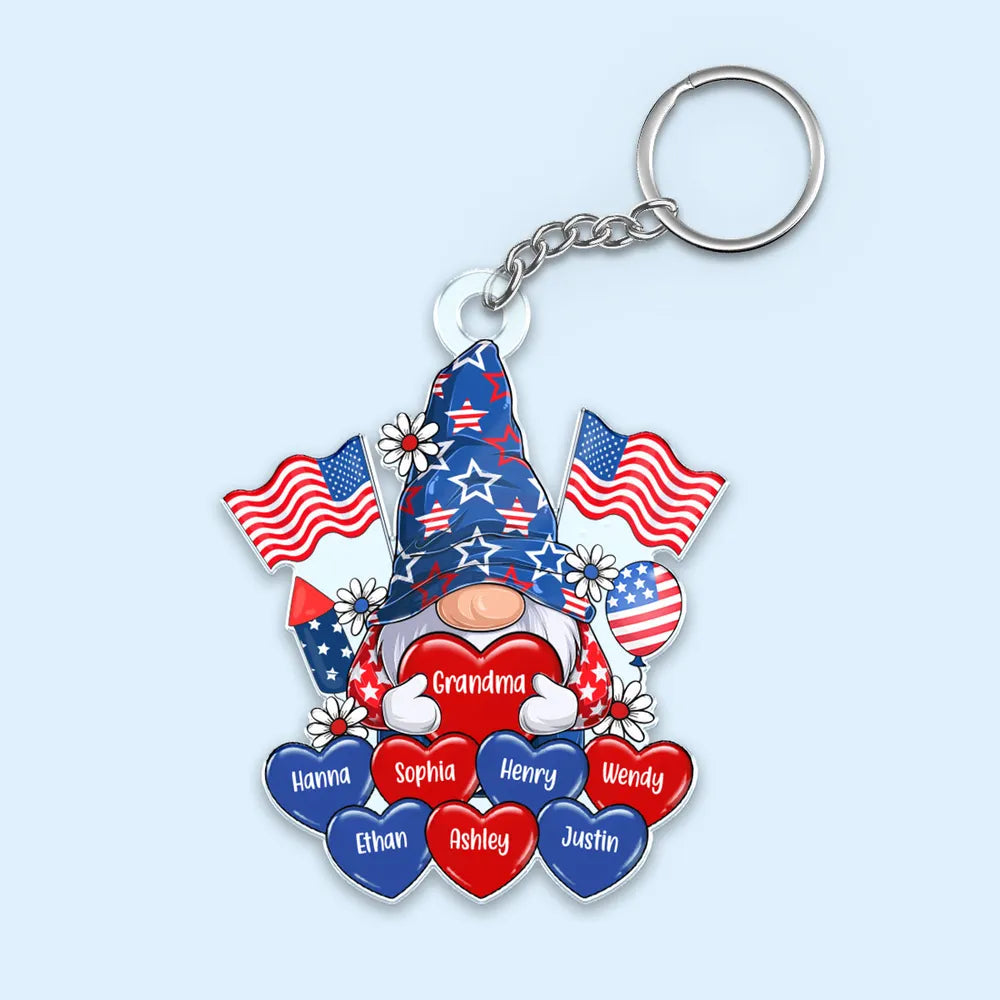 American Gnome Grandma Mom Heart - Personalized Acrylic Keychain - 4th Of July Gift For Mom Grandma