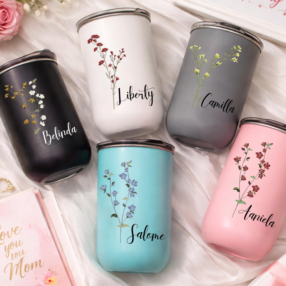 Birthday Flower Tumbler, Wildflower 10oz Personalized Coffee Cup, Custom Name Gift for Her