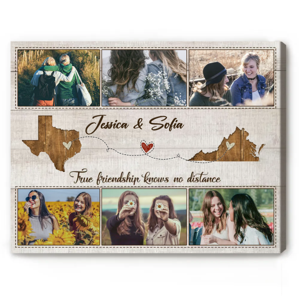 Custom Two State Besties Photo Canvas, Long Distance Friendship Gifts, Birthday Present For Long Distance Friend
